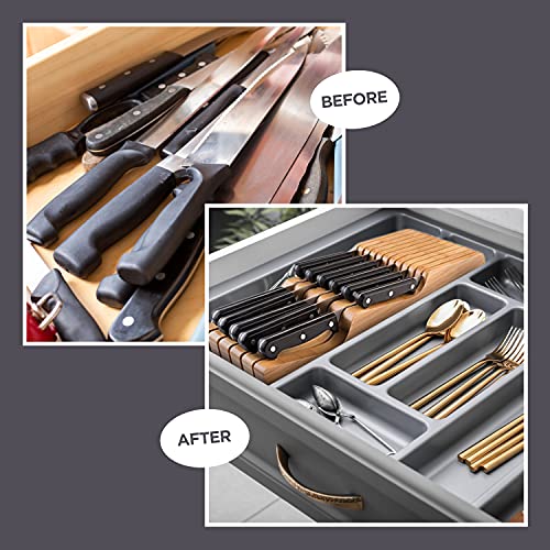 Bambüsi In-Drawer Knife Block - Bamboo Knife Drawer Organizer for Kitchen - Fits 5 Long + 6 Short Knives - Store Knives with Blades Pointing Down - Wooden Steak knife Holder without Knives - Chef Gift Idea - Image 5