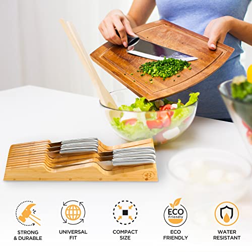 Bambüsi In-Drawer Knife Block - Bamboo Knife Drawer Organizer for Kitchen - Fits 5 Long + 6 Short Knives - Store Knives with Blades Pointing Down - Wooden Steak knife Holder without Knives - Chef Gift Idea - Image 4