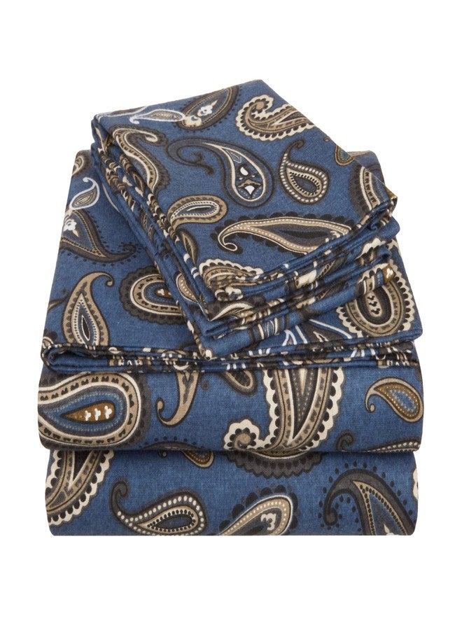 Superior Flannel Brushed Cotton Paisley Bed Sheet Set, Soft, Warm Bedding, Bohemian Floral Sheets, Bedroom Decor, 1 Flat Sheet, 1 Elastic Deep Pocket Fitted Sheet, 2 Pillowcases, King, Navy Blue - Image 2