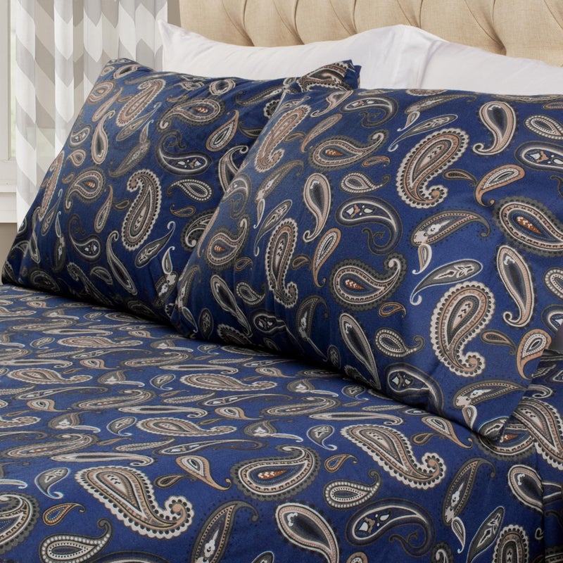 Superior Flannel Brushed Cotton Paisley Bed Sheet Set, Soft, Warm Bedding, Bohemian Floral Sheets, Bedroom Decor, 1 Flat Sheet, 1 Elastic Deep Pocket Fitted Sheet, 2 Pillowcases, King, Navy Blue - Image 1