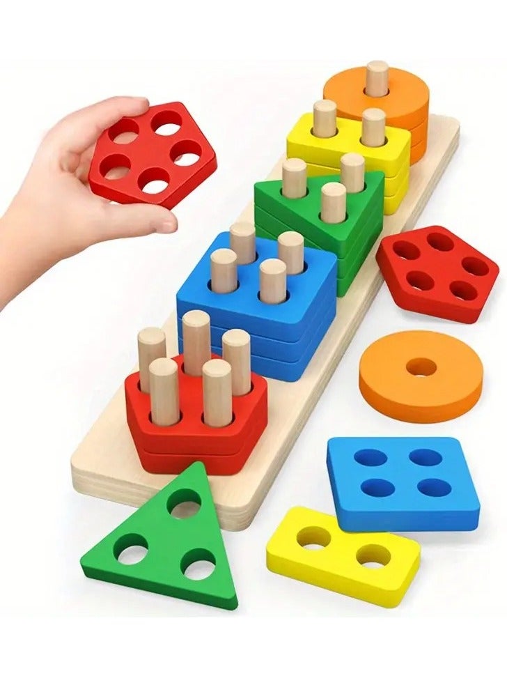 LIMOS Montessori Toys for 1 to 3-Year-Old Boys Girls Toddlers, Wooden Sorting & Stacking Toys for Toddlers and Kids Preschool, Educational Toys, Color Recognition Stacker Shape Sorter, Learning Puzzles Gift - Image 1