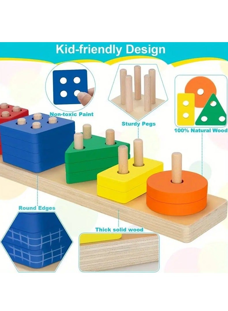 LIMOS Montessori Toys for 1 to 3-Year-Old Boys Girls Toddlers, Wooden Sorting & Stacking Toys for Toddlers and Kids Preschool, Educational Toys, Color Recognition Stacker Shape Sorter, Learning Puzzles Gift - Image 3