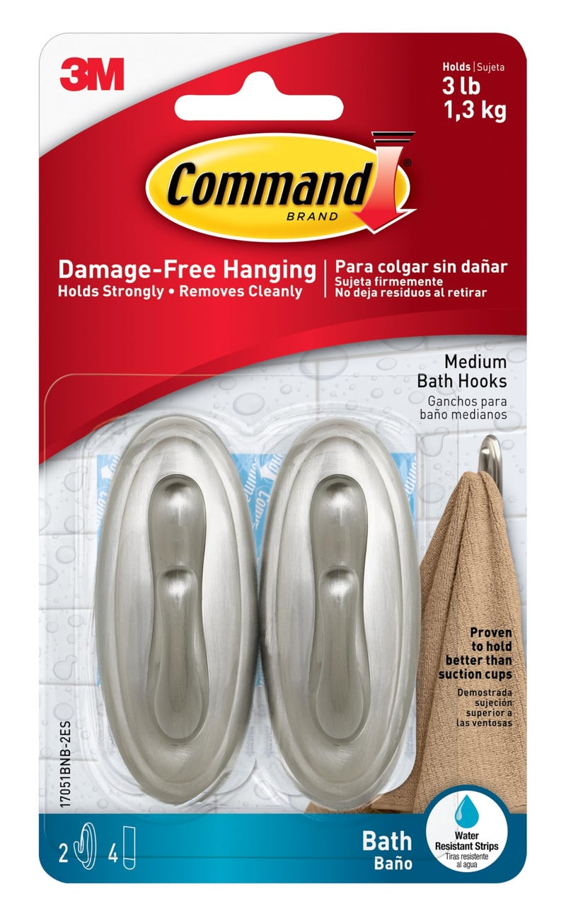 Command Medium Bath Hooks, Holds up to 3 lb, 2 Shower Hooks, 4 Water Resistant Strips, Brushed Nickel Colored, Damage Free Bathroom Organization for Robes, Towels, or Loofahs - Image 1