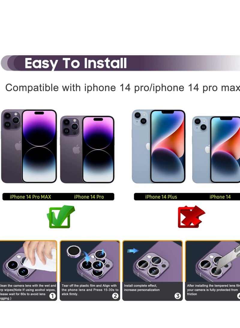 iPhone 14 Pro 6.1 inch /14 Pro Max 6.7 inch Camera Lens Protector, Set with Diamonds Bling Camera Cover Tempered Glass for iPhone 14 Pro Max /14 Pro [Perfectly Fit] - Diamond Purple - Image 2