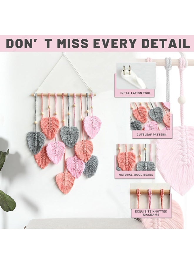 Bluejw Macrame Wall Hanging Nursery Decor Leaves Woven Tapestry Feather Handmade Yarn Tassels Boho Wall Decor for Bedroom Living Room Apartment Home Backdrop - Image 3
