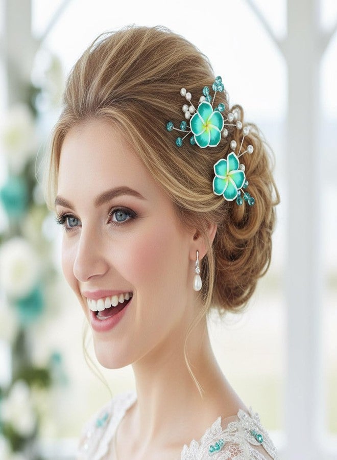 Fstrend Hawaiian Plumeria Flower Hair Pins for Women, Wedding Bride Tropical Party Headpiece with Rhinestone Accents - Image 1