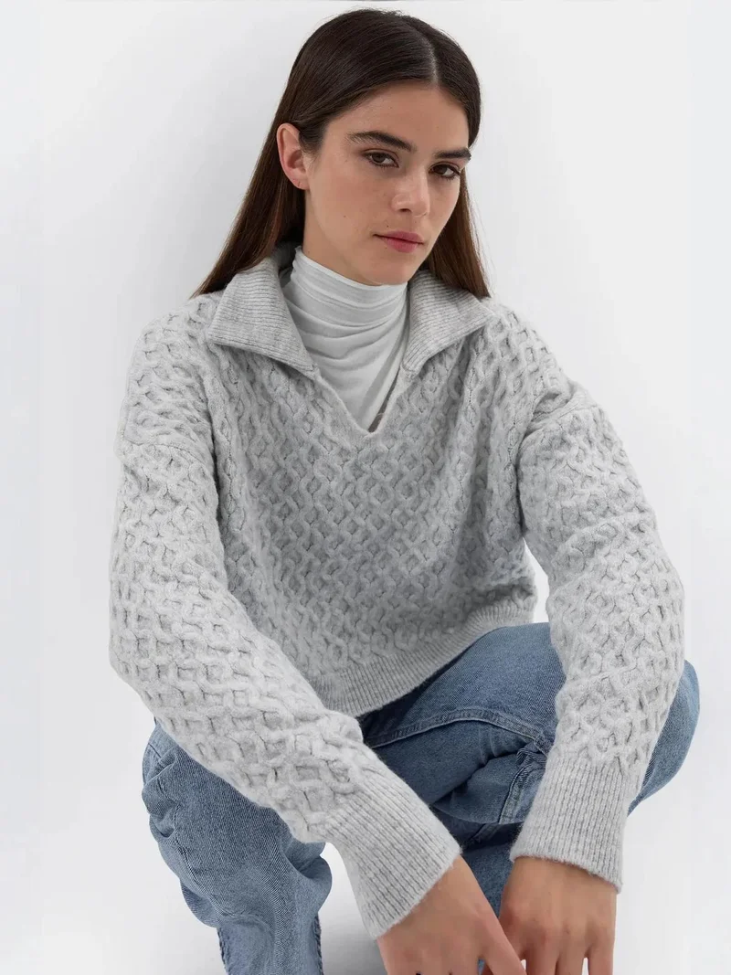 Textured Knitted Sweater with Shirt Collar