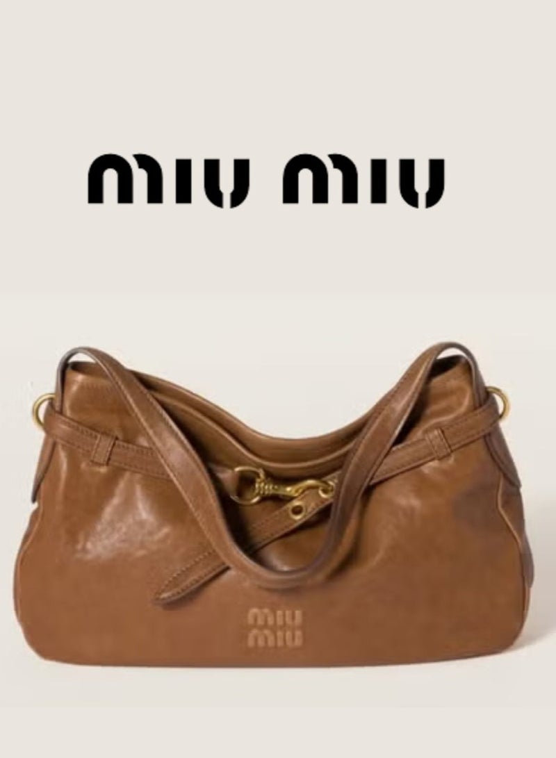 MIU MIU Aventure Nappa Leather Bag, Women's CrossBody Bag,  Women's Tote Bag, Women's Shoulder Bag, Women's Hand Bag, Women's Travel Bag, Light- Brown-32cm - Image 1