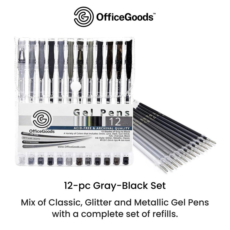 أوفيس جودز أقلام جل باللون الرمادي والأسود مع عبوات إعادة التعبئة من OfficeGoods - كلاسيكي معدني لامع - أطراف متوسطة 0.8-1.0 مم - مجموعة أقلام جل غير سامة - سريعة الجفاف وخالية من التلطخ 12 عبوة من الألوان - Image 2