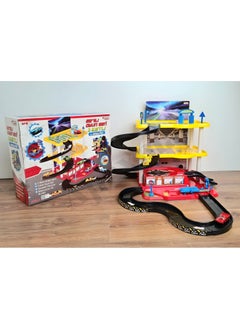 Apexma Toys Three-Storey Car Garage Track Set - 2 Pieces Metal Car 3-Storey Car Station Set - 3-Storey Car Parking Track Game Set  - Image 1