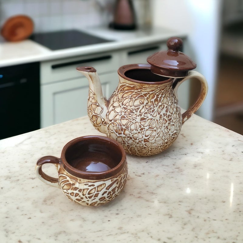 Malaikah Ceramic Ceram Tea Cup Set of 6 with Long Kettle - for Cold & Hot Drink, Microwave and Dishwasher Safe, Ideal Gift for Birthday, Anniversary, Tea Lover, Family (C- 150ML) (K - 1Ltr) - Image 2