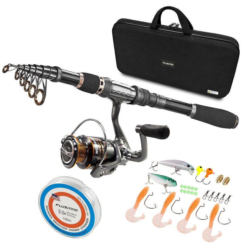 PLUSINNO Telescopic Fishing Rod and Reel Combos Full Kit Carbon Fiber Fishing Pole 12 1 Shielded Bearings Stainless Steel BB Spinning Reel