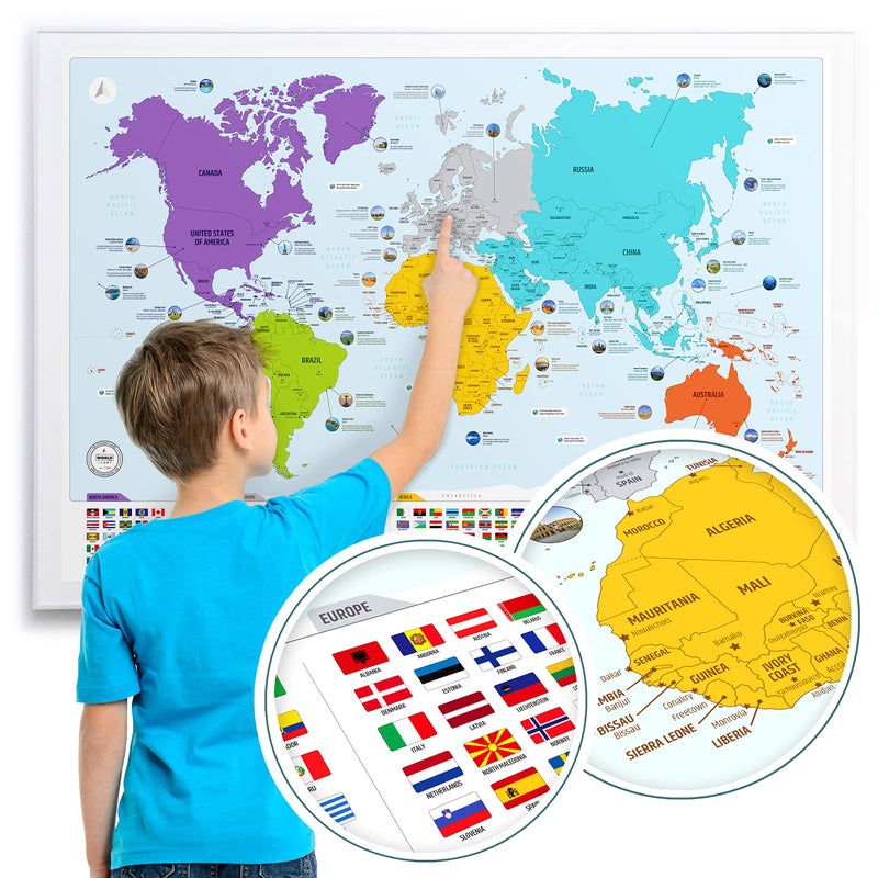 The World Game Large World Map for Wall - Poster with Flags & Capitals - Educational World Map for Kids & Adults - Colorful Global Maps with 50 Interesting Facts - Classroom & Homeschool Decor - Image 4