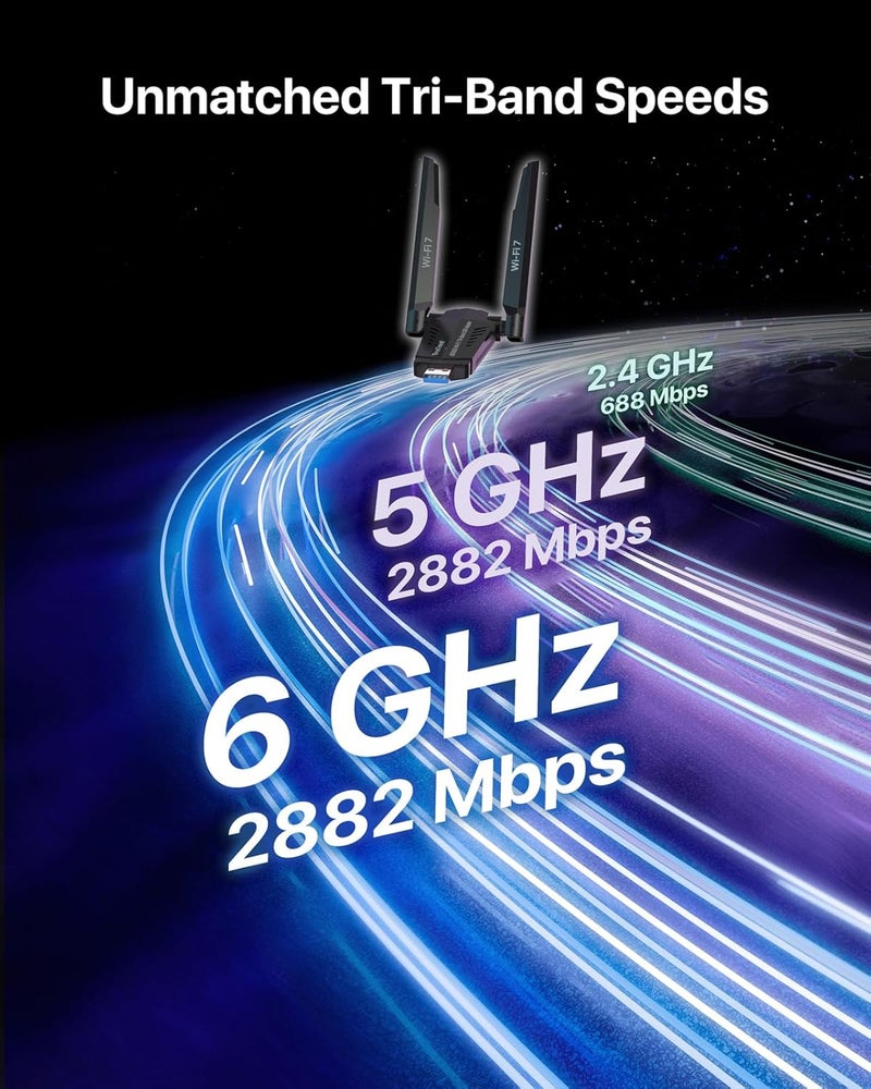 BrosTrend WiFi 7 WLAN Stick for PC, BE6500 USB WLAN Adapter PC High Range, Tri-Band 6GHz / 5GHz / 2.4GHz Receiver WiFi 7 USB Antenna Low Latency for Gaming, 4K-QAM WPA3, Only for Windows 10/11 - Image 2