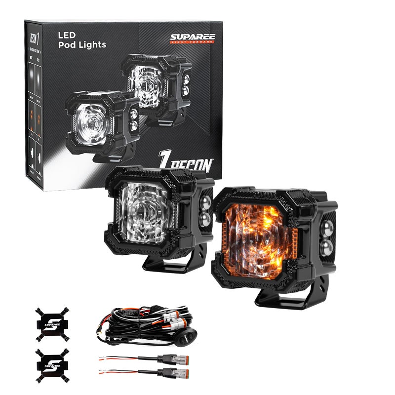 Suparee Recon 1 2-Inch LED Pod Lights with Black Covers,40W 3472LM Flood Beam&Amber DRL Combo Ditch Light,136 Wide Range IP68/IP69K Waterproof Cube LED Offroad Light For Offroad Truck ATV UTV Car Boat - Image 1