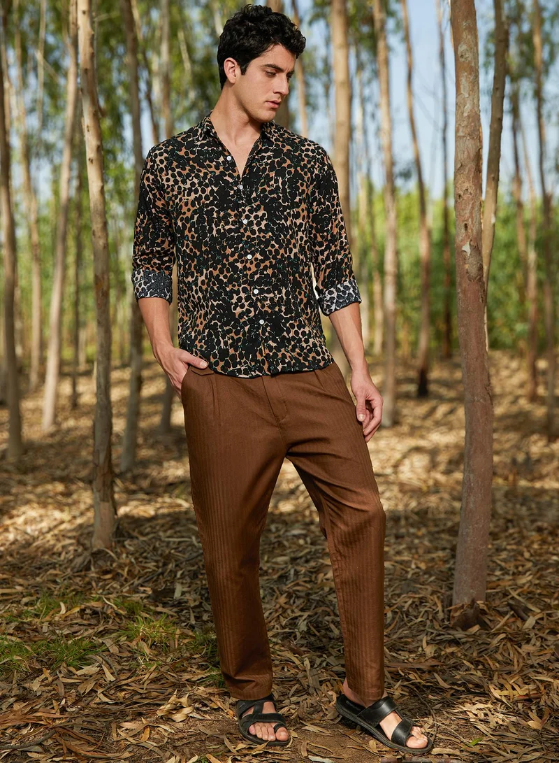Campus Sutra Men's Yellow Ochre & Onyx Black Cheetah Imprint Shirt