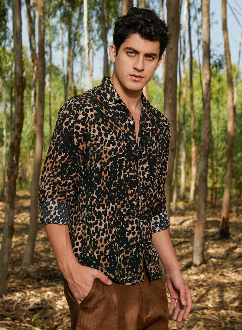 Campus Sutra Men's Yellow Ochre & Onyx Black Cheetah Imprint Shirt