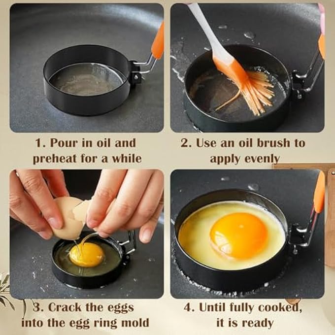 EKIND NonStick Egg Ring Set With Silicone Handle Star Heart Flower Round Shapes  Oil Brush Stainless Steel Egg Mold For Frying Eggs Pancakes Cake SandwichesBlack And Orange - Image 4