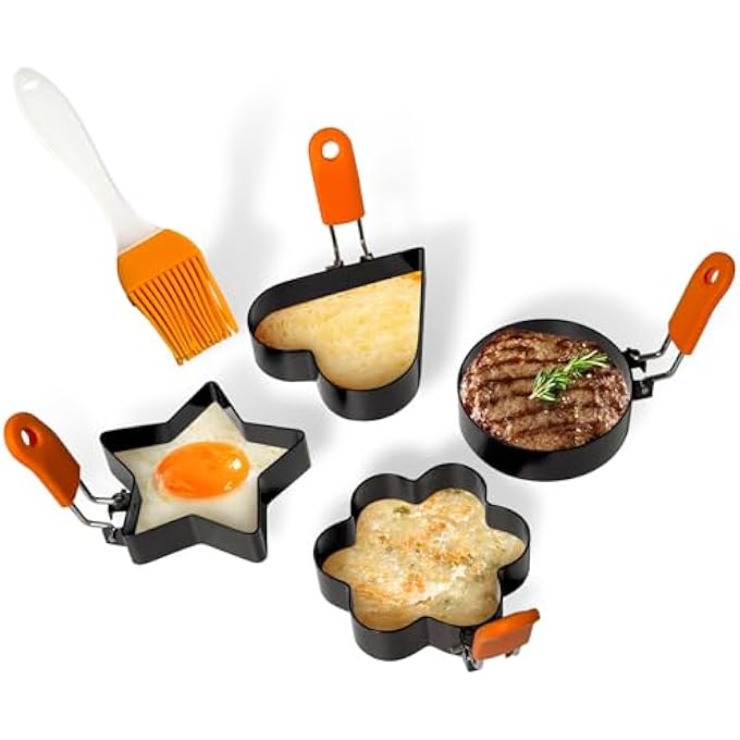 EKIND NonStick Egg Ring Set With Silicone Handle Star Heart Flower Round Shapes  Oil Brush Stainless Steel Egg Mold For Frying Eggs Pancakes Cake SandwichesBlack And Orange - Image 1