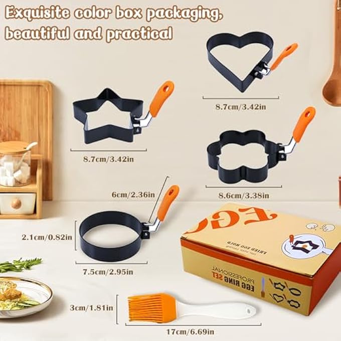 EKIND NonStick Egg Ring Set With Silicone Handle Star Heart Flower Round Shapes  Oil Brush Stainless Steel Egg Mold For Frying Eggs Pancakes Cake SandwichesBlack And Orange - Image 2