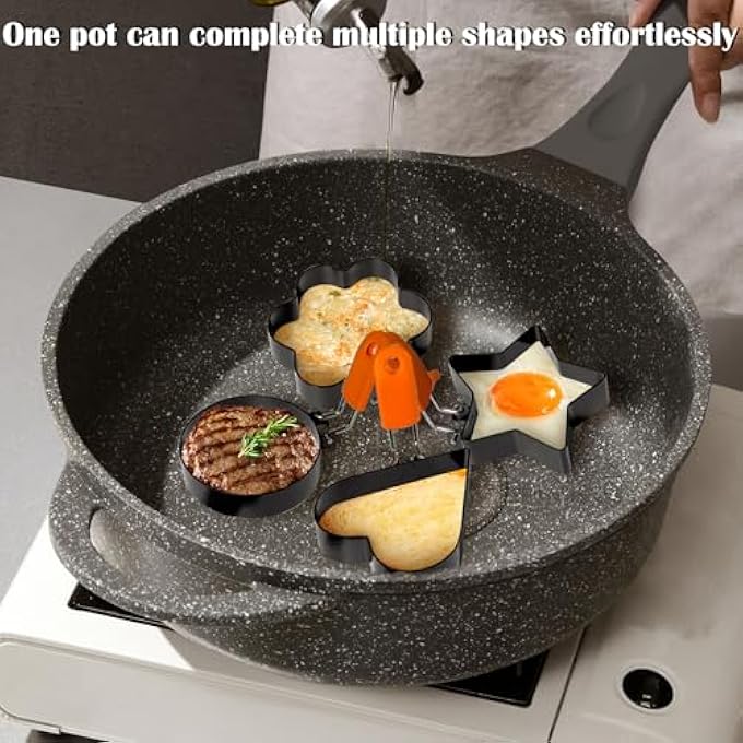 EKIND NonStick Egg Ring Set With Silicone Handle Star Heart Flower Round Shapes  Oil Brush Stainless Steel Egg Mold For Frying Eggs Pancakes Cake SandwichesBlack And Orange - Image 5