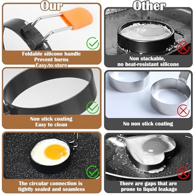EKIND NonStick Egg Ring Set With Silicone Handle Star Heart Flower Round Shapes  Oil Brush Stainless Steel Egg Mold For Frying Eggs Pancakes Cake SandwichesBlack And Orange - Image 3