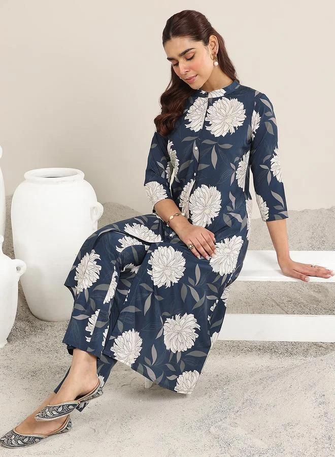 Libas Blue Printed Rayon Top And Pants Co-Ords