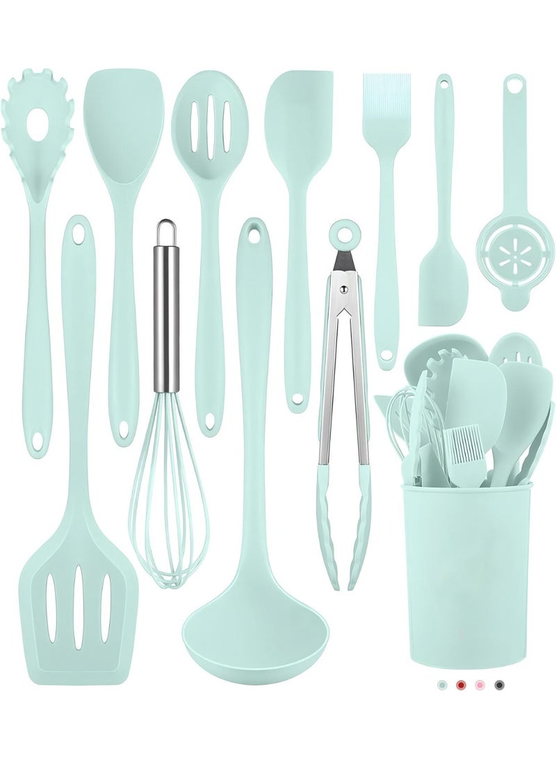 12-Piece Mint Green Silicone Kitchen Utensils Set - Heat Resistant, Non-Stick Safe, Dishwasher Safe - Complete Cooking Tools with Holder for Everyday Use - Image 1