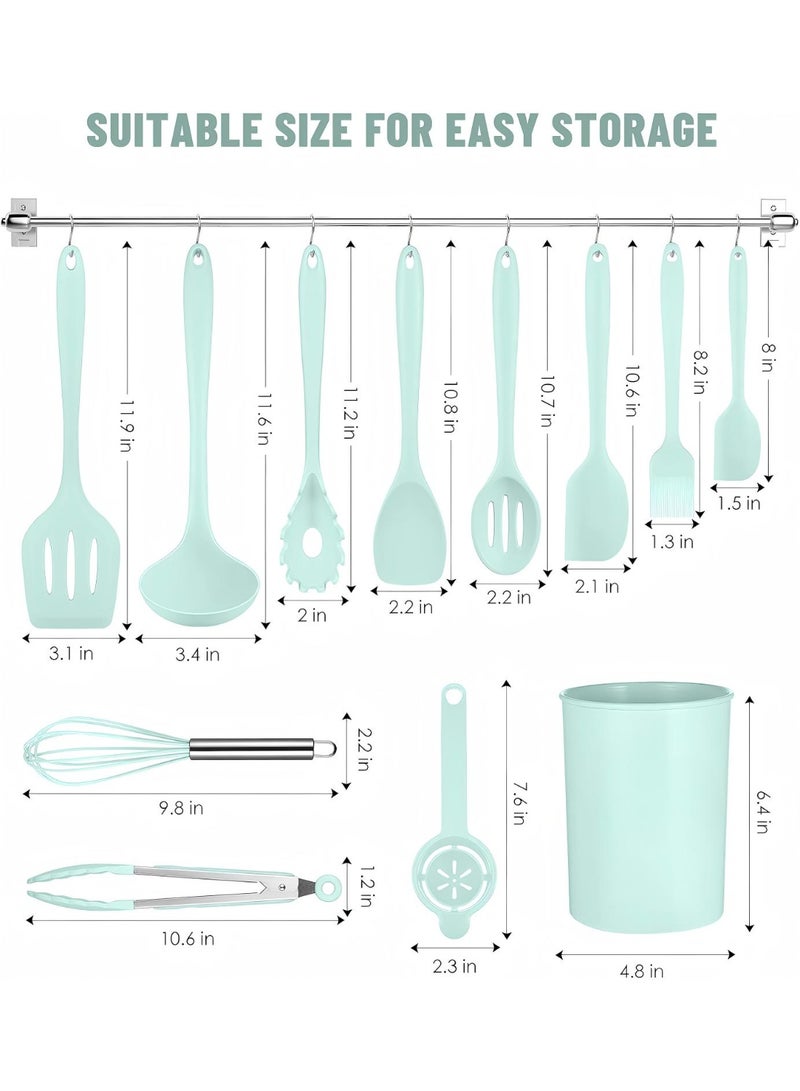 12-Piece Mint Green Silicone Kitchen Utensils Set - Heat Resistant, Non-Stick Safe, Dishwasher Safe - Complete Cooking Tools with Holder for Everyday Use - Image 2