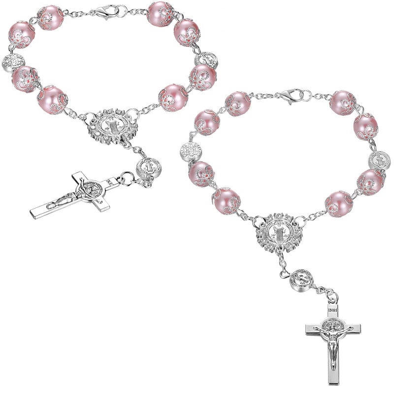 Frienda 2 Pcs Car Rosary for Rearview Mirror Saint Benedict Cross Car Mirror Hanger Rearview Auto Rosary Hanging Catholic Medal for Truck Bike Motorcycle Accessories DecorsPink - Image 3