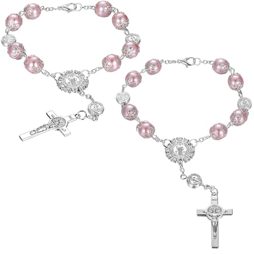 Frienda 2 Pcs Car Rosary for Rearview Mirror Saint Benedict Cross Car Mirror Hanger Rearview Auto Rosary Hanging Catholic Medal for Truck Bike Motorcycle Accessories DecorsPink - Image 1
