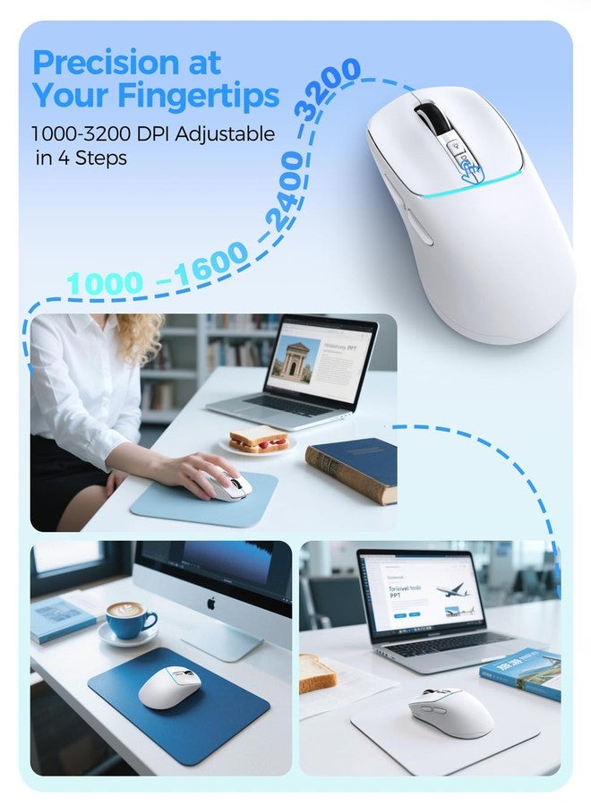 RAPIQUE Wireless Bluetooth Mouse - Dual Bluetooth ＆ 2.4GHz USB Receiver, 4 DPI Levels (1000-3200), USB-C Rechargeable, Ergonomic Right-Hand Grip, Silent Click, Compacr for Computer/Mac/Laptop - White - Image 4