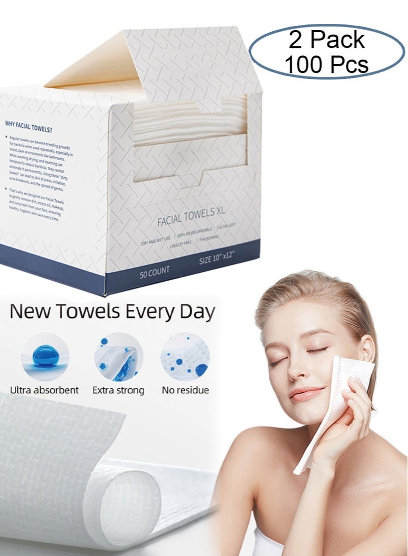 مناديل وجه، 25 سم * 30 سم، مناديل وجه سميكة للغاية للتقشير اللطيف، مناديل إزالة مكياج قابلة للتحلل، مناديل جافة فائقة النعومة لتنظيف الوجه للبشرة الحساسة، 100 قطعة، عبوتان - Image 1