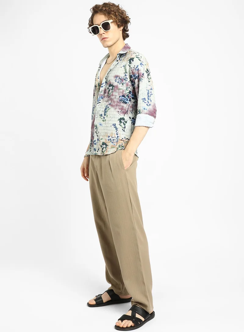 Campus Sutra Men's Multicolour Floral-Waffle Shirt