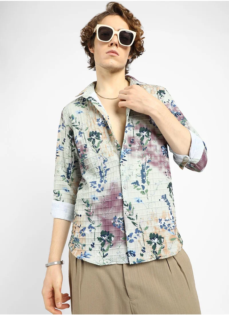 Campus Sutra Men's Multicolour Floral-Waffle Shirt