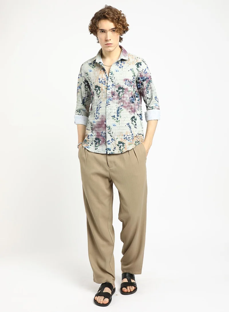 Campus Sutra Men's Multicolour Floral-Waffle Shirt