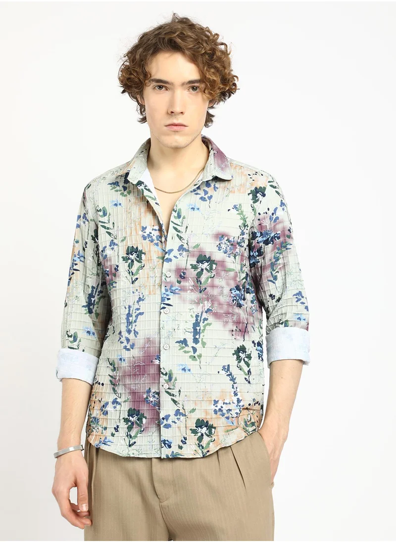 Campus Sutra Men's Multicolour Floral-Waffle Shirt
