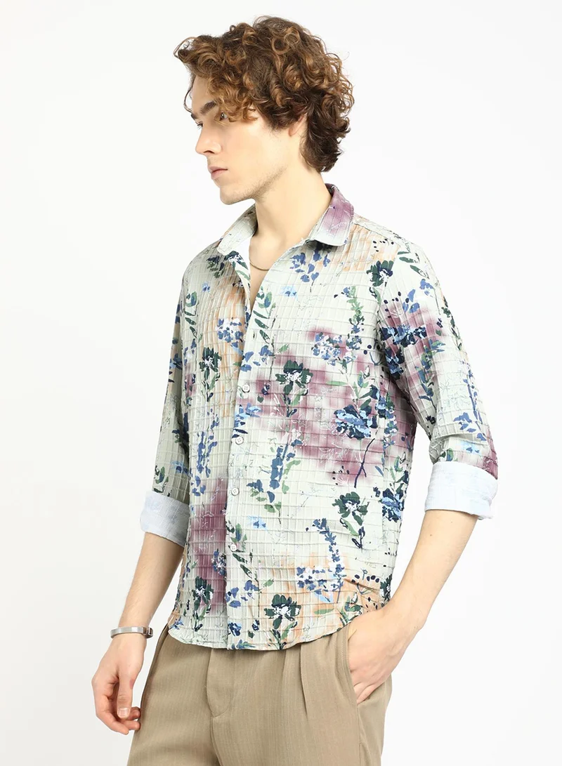 Campus Sutra Men's Multicolour Floral-Waffle Shirt