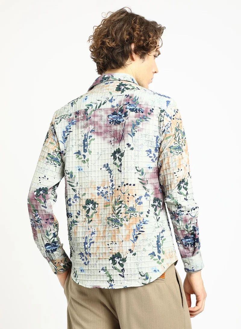 Campus Sutra Men's Multicolour Floral-Waffle Shirt