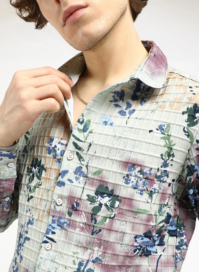 Campus Sutra Men's Multicolour Floral-Waffle Shirt