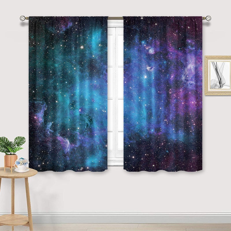 Cinbloo Kids Galaxy Curtains 42W x 52L Inch Outer Space Nebula Boys Bedroom Decor Rod Pocket Blue Universe Planet Fantasy Starry Star Art Printed Living Room Window Drapes Treatment Fabric 2 Panels