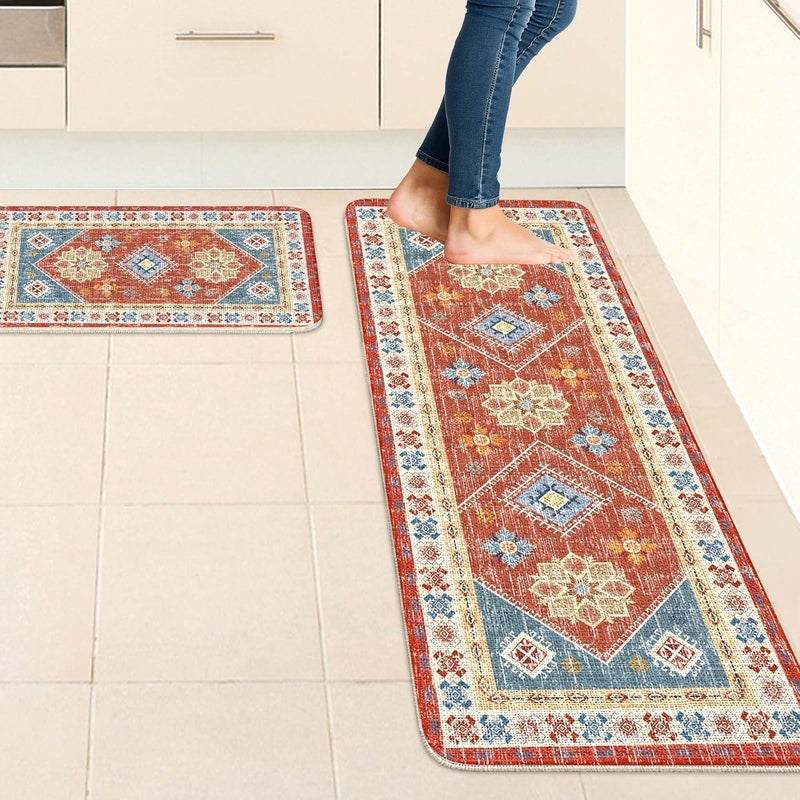 Bohemian Red Kitchen Floor Mat Set Non-Slip Machine Washable Kitchen Long Floor Mat 2PC - Image 2