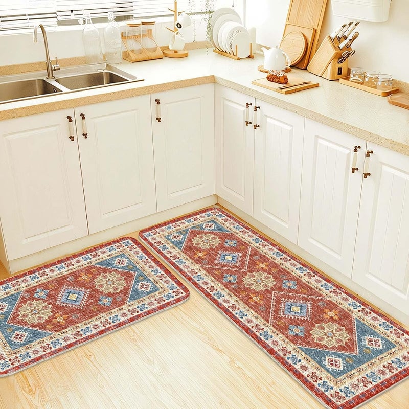 Bohemian Red Kitchen Floor Mat Set Non-Slip Machine Washable Kitchen Long Floor Mat 2PC - Image 3
