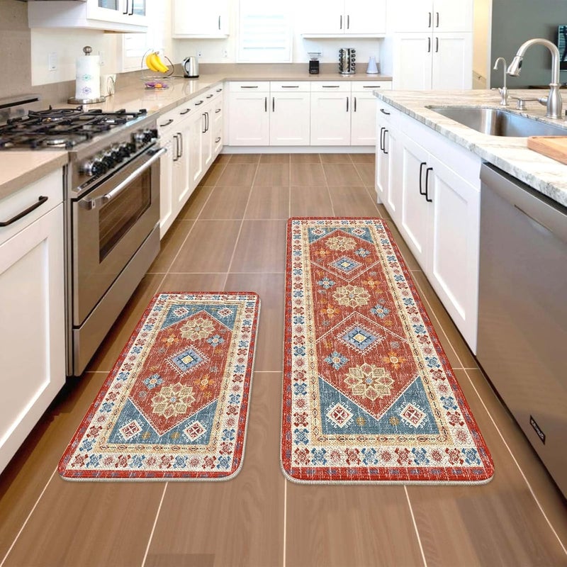 Bohemian Red Kitchen Floor Mat Set Non-Slip Machine Washable Kitchen Long Floor Mat 2PC - Image 4