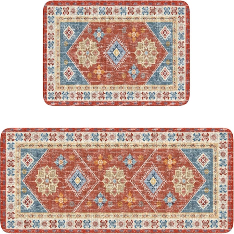 Bohemian Red Kitchen Floor Mat Set Non-Slip Machine Washable Kitchen Long Floor Mat 2PC - Image 1