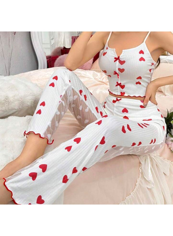 New Home Printed Contrasting Color Splicing Mesh Home Wear Front Slit Suspender Pajamas Set 7001