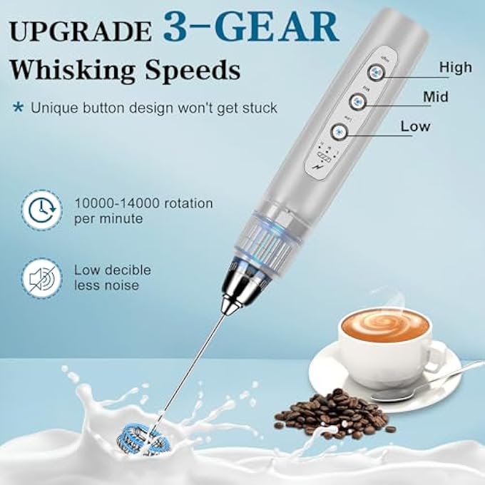 BSRGMS Milk Frother Handheld For Coffee Electric Whisk 3 Speed Adjustable Drink Mixer With Stainless 3 Whisks Rechargeable Hand Frother Wand Foam Maker For Latte Cappuccino Matcha Egg Silver - Image 4