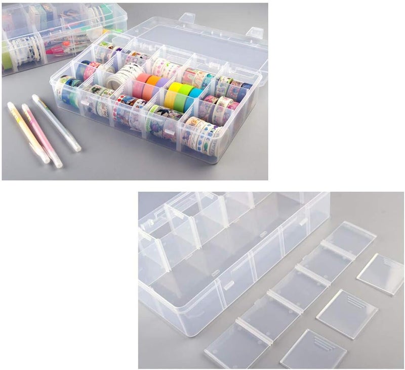 aufodara صندوق تخزين أوفودارا بلاستيك شفاف قابل للتعديل مع 15 شبكة كبيرة، حاوية تنظيم لتخزين شريط الواشي والمجوهرات والخرز والحرف اليدوية، صندوق تشكيلة مع 12 قسم قابل للإزالة - Image 2