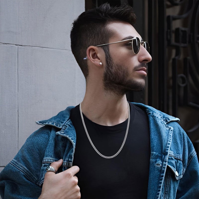 Fiusem سلاسل فضية ملونة 6 مم للرجال، قلادة سلسلة كوبانية مطلية بالفضة للرجال والنساء، قلادات من الفولاذ المقاوم للصدأ بطول 24 بوصة - Image 2