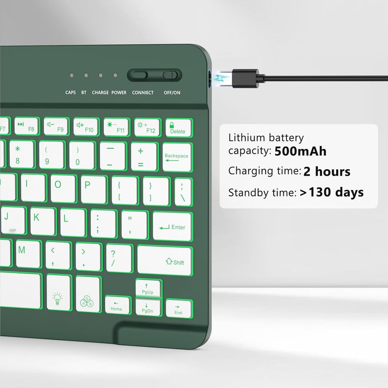 HZD Bluetooth Keyboard, iPad Tablet Rechargeable Wireless Keyboard, QWERTY Quiet Portable Compatible Windows/Android/iOS for iPad, iPhone, Samsung, Lenovo, Huawei (Dark Green) - Image 4
